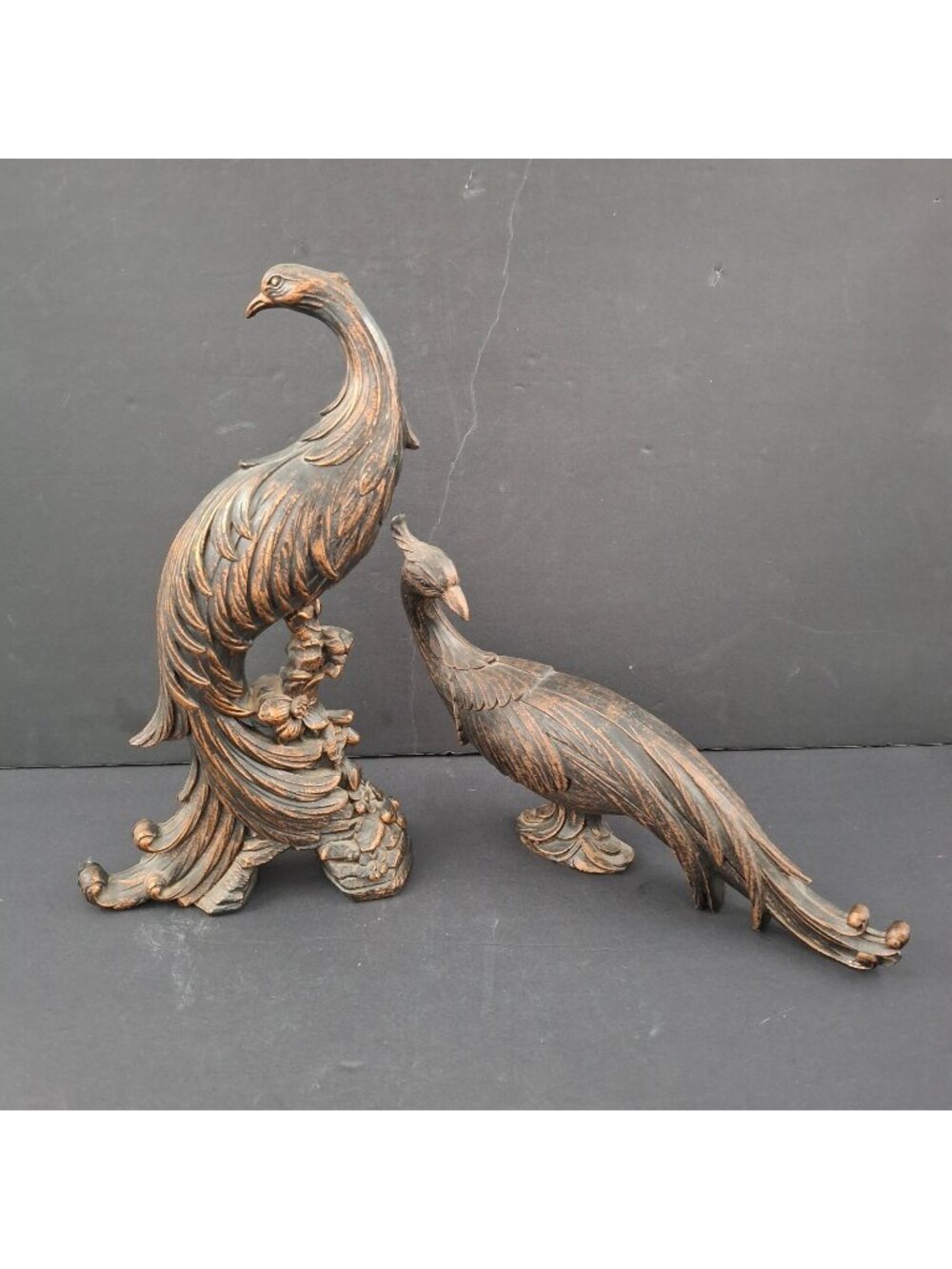 Vintage Pair Syroco Faux Wood Long Tail Pheasant Birds Decor Sculptures MCM